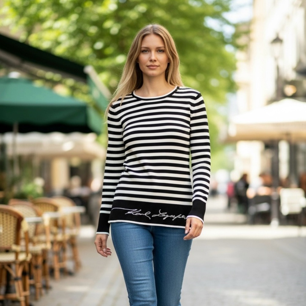 Karl Lagerfeld Paris Women’s Sweater Black & White Striped Ribbed Logo Top Sz S - Picture 7 of 7